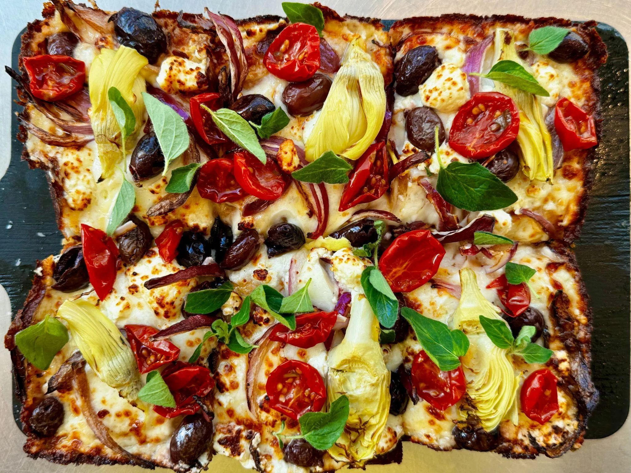 Greek Pizza — Detroit-style pizza