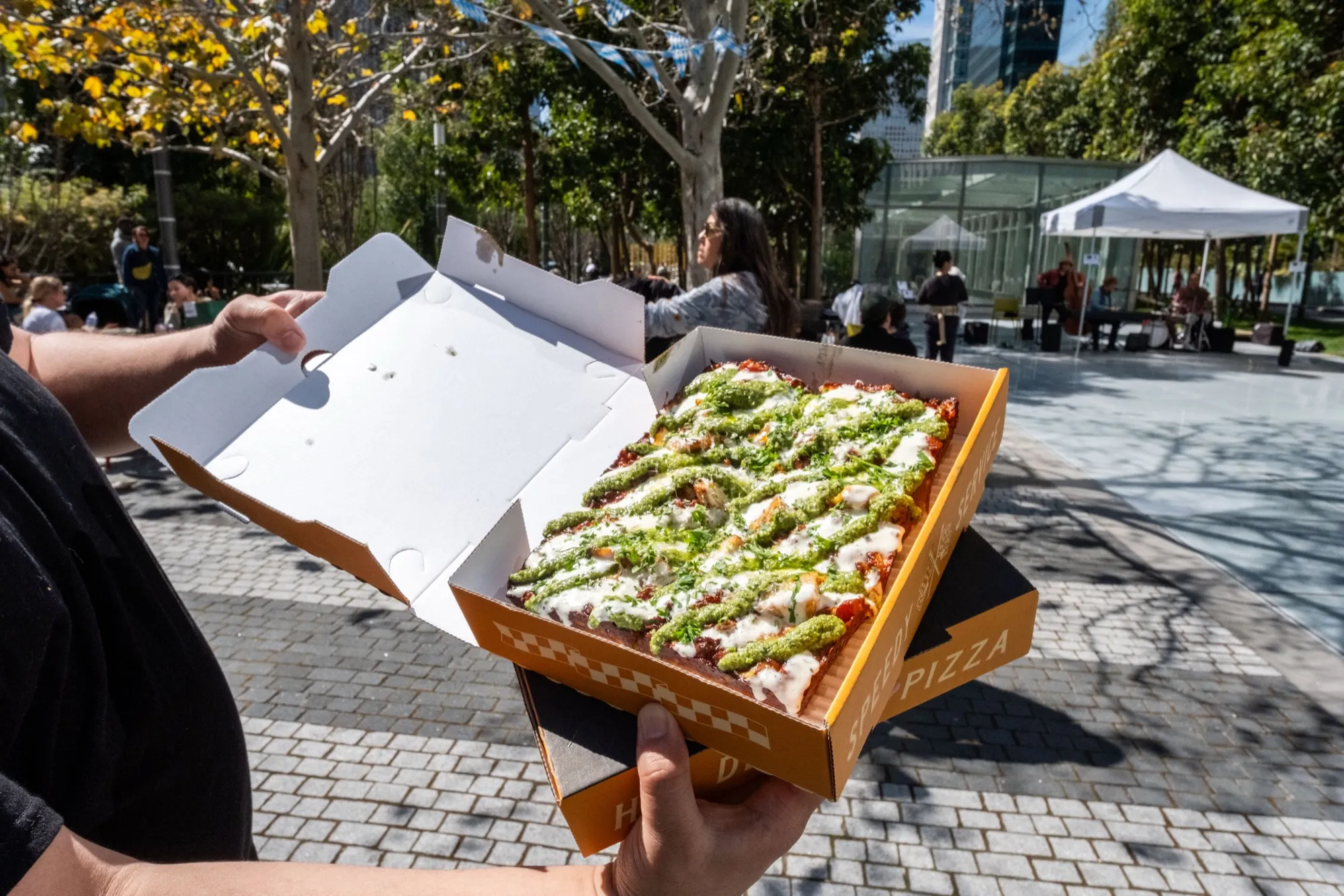 Overhead view of a veggie Detroit-style pizza on a park table